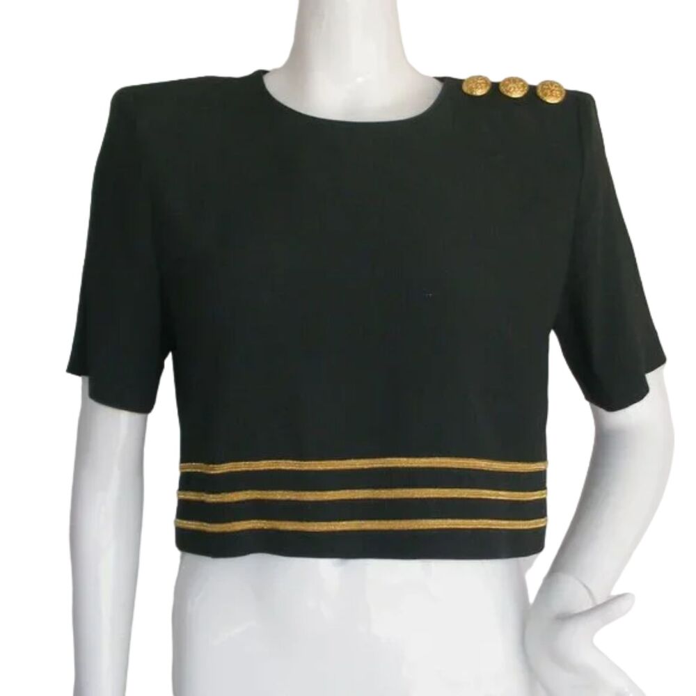 Vintage 80s Cropped Top, M, Green, Gold trim/Buttons, Shoulder pads,